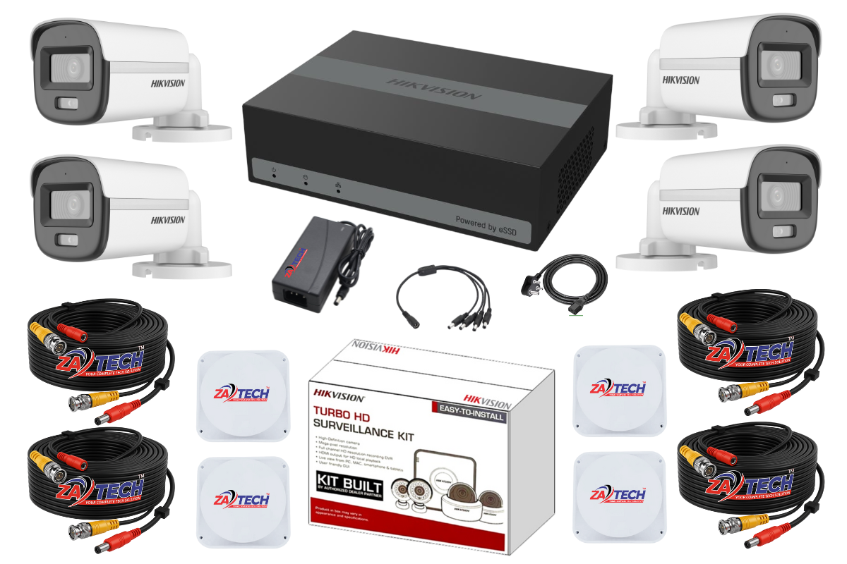Hikvision 4-Ch ColorVu CCTV Kit with 1TB eSSD DVR, ZATECH 20m Cables and JB