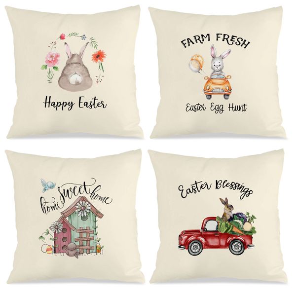 Set of 4 Rustic Easter Pillow Case, 45x45cm Hidden Zippered Cushion Covers