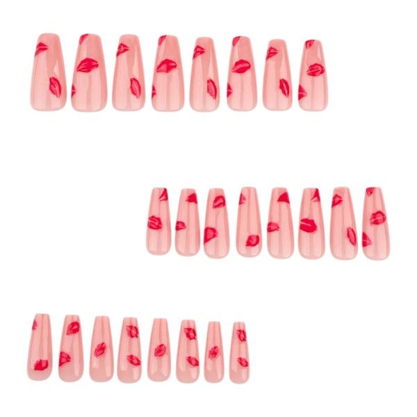 24 Piece - Long Ballet-Style Lipstick Kiss Design Nails - Pink