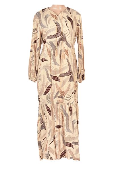 Beige Cotton Abaya Dress with Abstract Wave Pattern