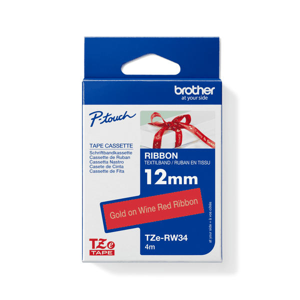 Brother TZe-RW34 Gold on Wine Red Satin Ribbon Tape 12mm