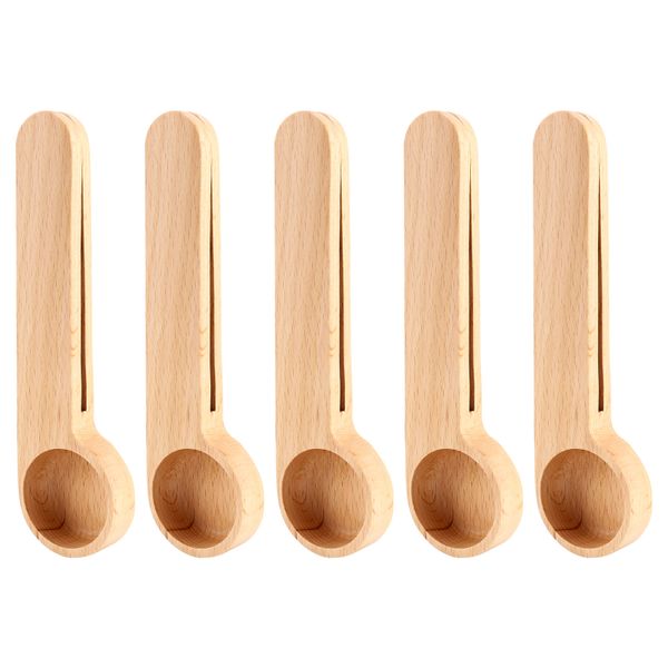 5 Pcs Wooden Scoop &amp; Bag Clip Measure Spoon 2-In-1 For Coffee Tea