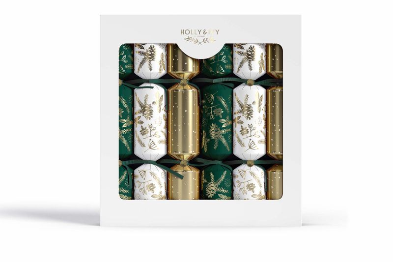 Luxury Emerald, Gold &amp; White Foliage Christmas Crackers