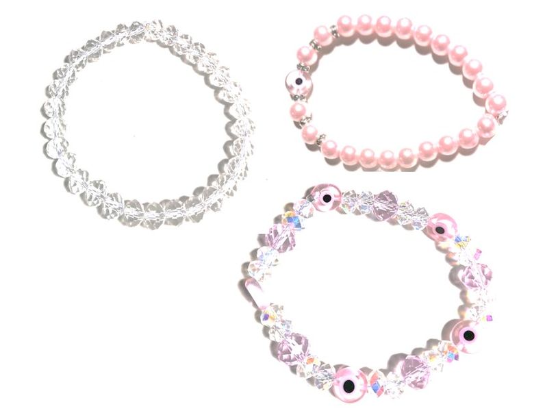 Pink Evil Eyes, Faux Pearls, Clear Crystal Bracelets - Set of 3 (EM42)