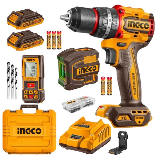 Ingco - Cordless Drill (76Nm), Laser Level &amp; Distance Meter Kit incl Acc