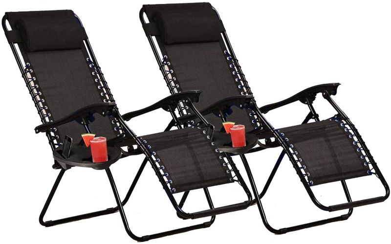 2 x Sun Lounger Zero Gravity Reclining Folding Chairs Cell &amp; 2 Cup Holders