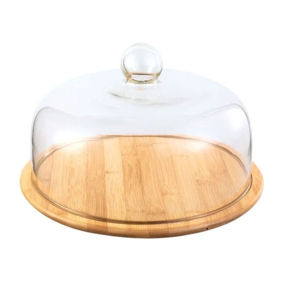 Glass Cake Dome with Wooden Stand - 29cm x 31cm