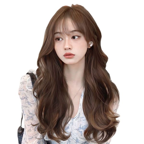 Beautiful Long Wavy Wig, Fashion Wig for Women with Air Bangs- Brown