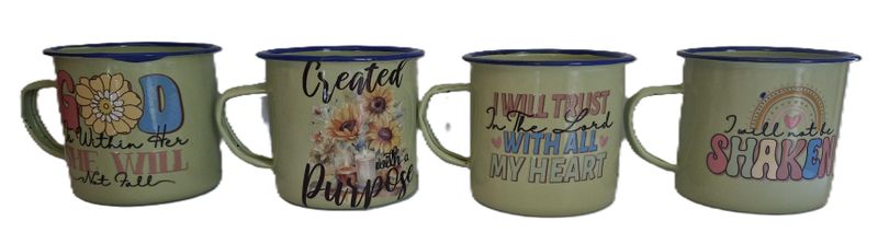 Enamel Mug with Christian Messages - Set of 4 - Green - 250ml