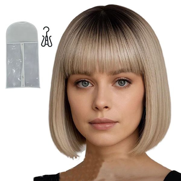 12-Inch Short Straight Bobo Hair Bangs, Fluffy Wig, And Storage Bag