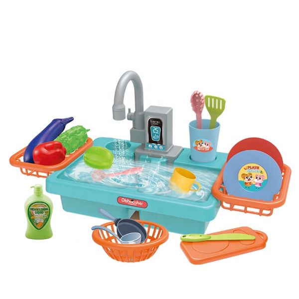 Toddler Kitchen Pretend Dishwashing Sink Set with Dishes Toy - Blue