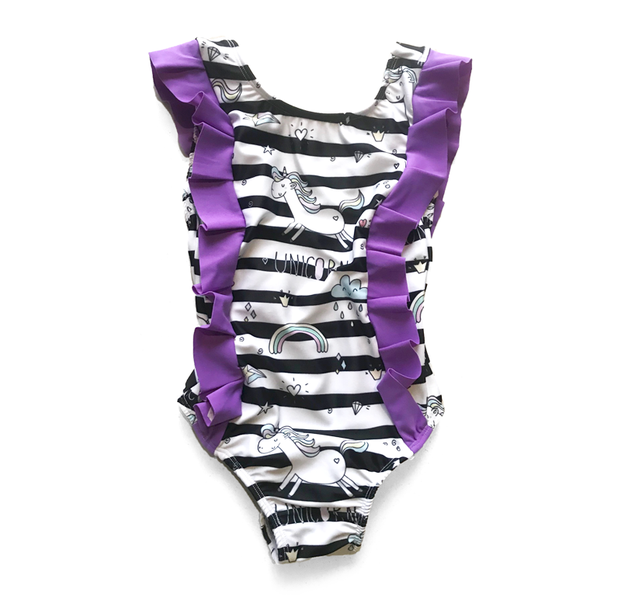 Strut Active Girls Unicorn Stripe Ruffle Full Swimsuit UPF50+ - Made in SA
