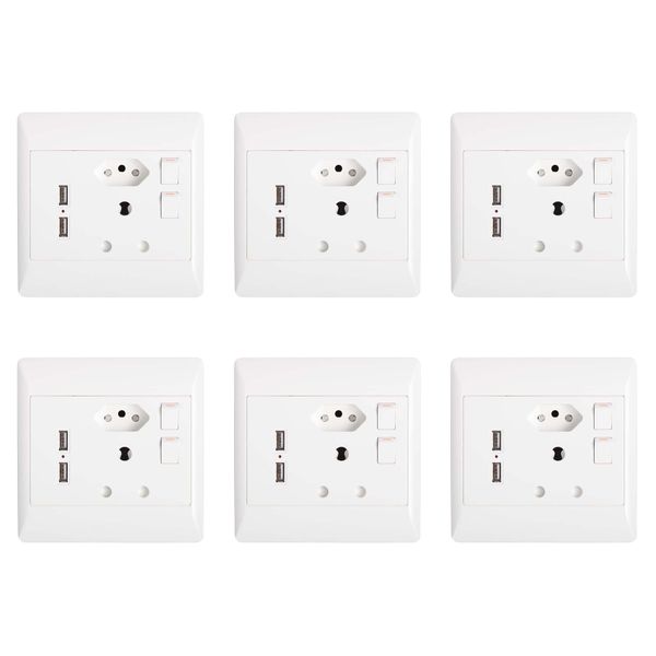 Set Of 6 Double Wall Sockets 1 x 3 &amp; 1 x 2 Point With 2 USB ports - White