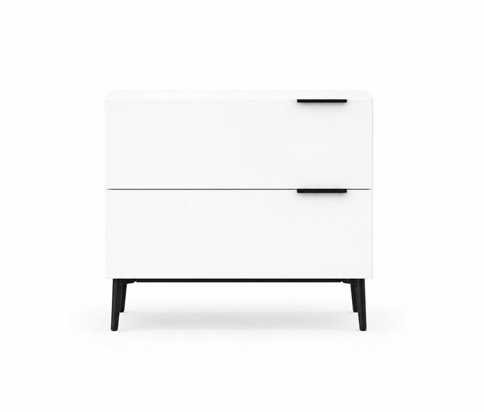 2 Drawer Bedside Table - White Nightstand Pedistal Cabinet with Metal Legs