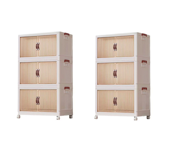 2Pack-Portable 3-Layer Folding Double-Door Storage Cabinet With Wheels