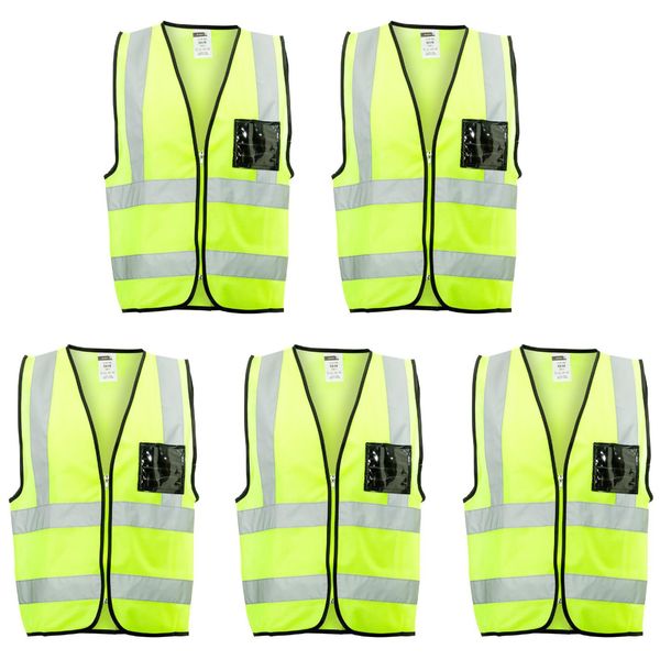 5 Pack - Dromex - Lime Reflective Vest With Zip And Id Pocket - Large