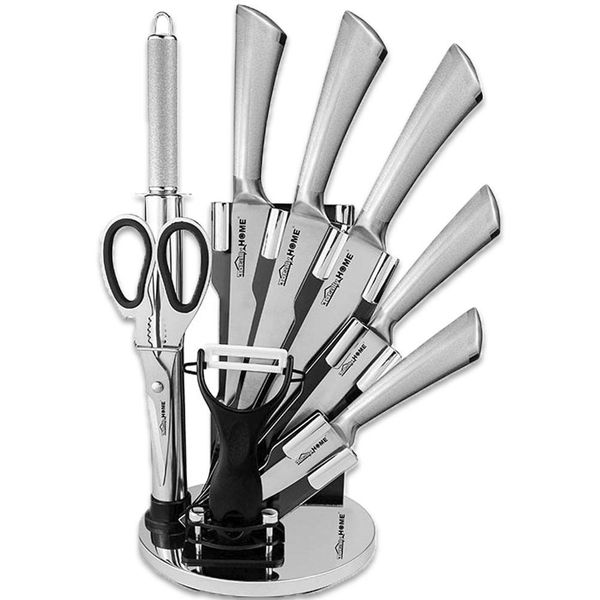 Totally High Quality Silver Silver Knife Set With Rotating Stand - 9 Piece