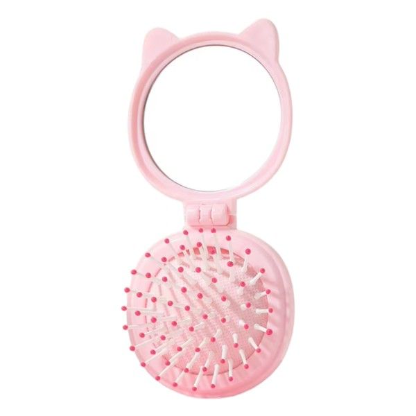 Cat Ear Design Foldable Mini Hair Brush With Built In Mirror - Pastel Pink