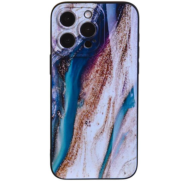Phone Case with Marble Print &amp; Pro Cam for iPhone 15 Pro Max - Blue &amp; Brown