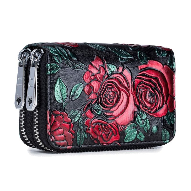 3D Floral Embossed Women's Leather Zip-Around Card Holder - RFID Blocking