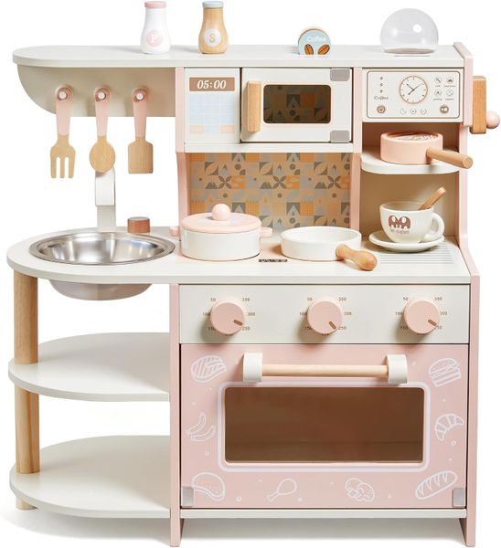 Wooden Play Kitchen for Ages 3-8 - Realistic Design with Oven &amp; Sink