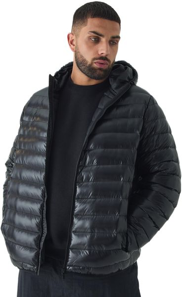 boohooMAN - Men's Plus Size High Shine Hooded Puffer Jacket - Black