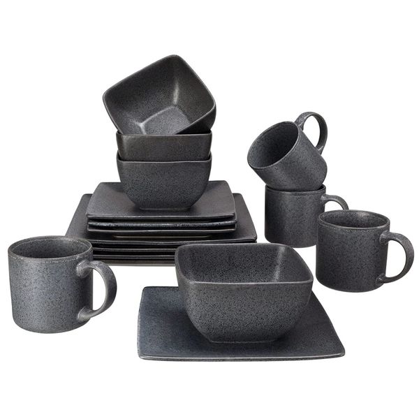 Dark Gray Square Stoneware 16-Piece Dinnerware Set