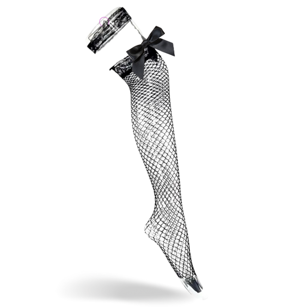 She-Woolf Hosiery, Eve, Blk Double Garter Fishnet Ribbn Thigh High Stocking