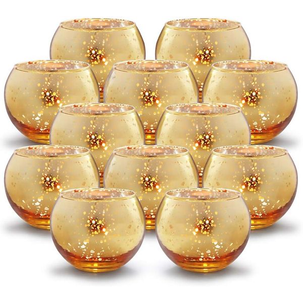 12 Pack Gold Glass Votive Tealight Candle Holders For Table Decor-Round