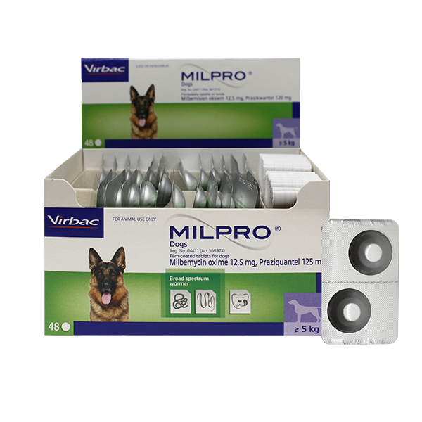 Milpro 12.5 mg/125 mg Worming for dogs 5-25 kg, 48 tablets