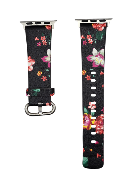 Printed Faux Leather Strap Compatible with Apple Watch 38/40/41mm-Black Floral