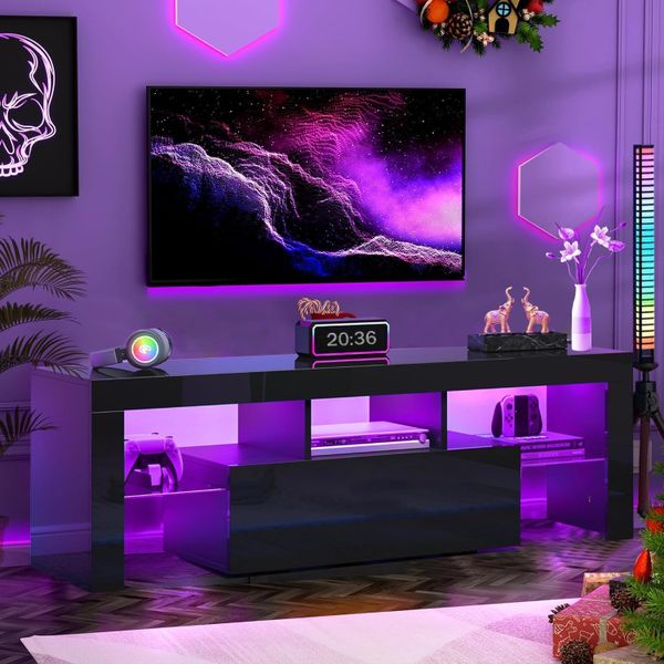 High-Gloss LED TV Stand Media Console Entertainment Center with Drawer