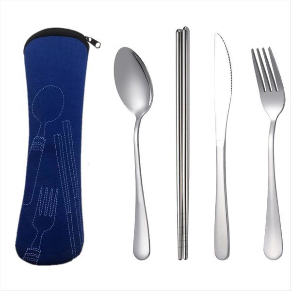 4 Pcs Set Dinnerware Portable Spoon Fork Steak Knife Set Dark Blue