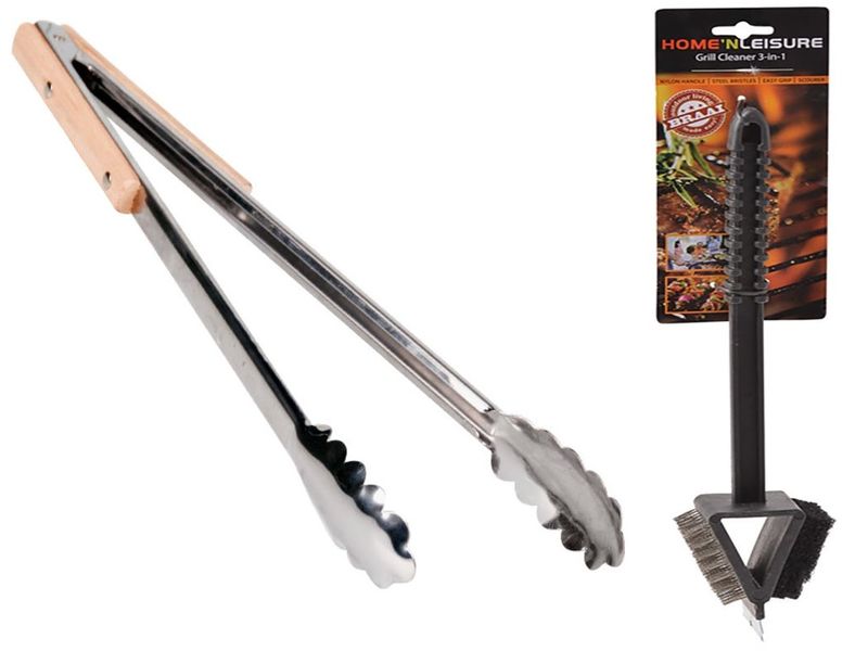 BBQ Tongs Stainless Steel 40cm Wooden Handle + BBQ Grill Cleaner 37cm 3 In 1