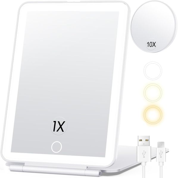 LED Foldable Magnifying Makeup Mirror - 5x7 inches 3 Colors Light Modes