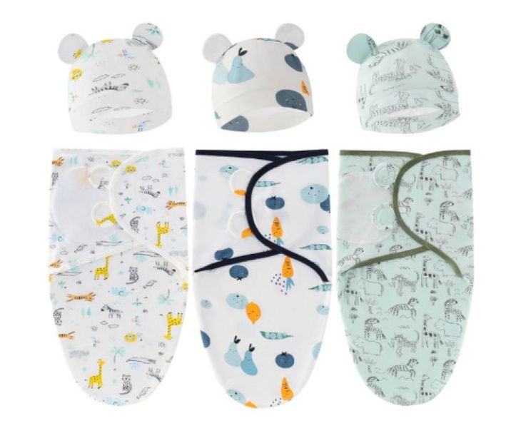 3-Pack Baby Swaddle Wraps with Matching Bear-Ear Hats