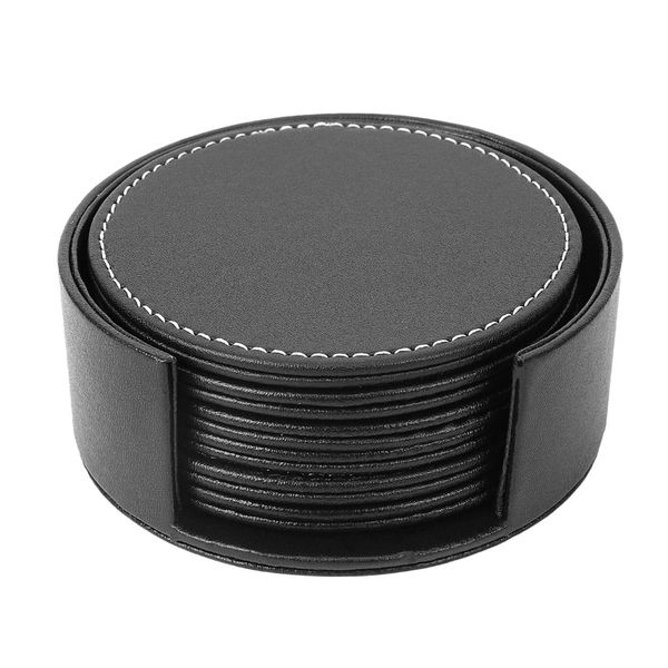 Set of 6 Leather Drink Coasters Round Cup Mat Pad Kitchen Use Black