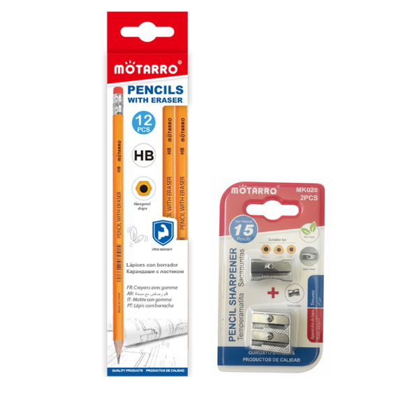 Motarro HB Pencils &amp; Sharpeners Set - 12 HB Pencils with 2 Sharpeners