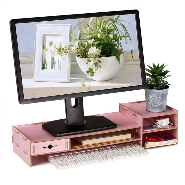 Monitor Laptop Stand Wood Desk Shelf, Heavy Duty, Pink or Cherry Wood