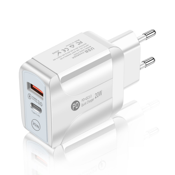 TechByte USB Wall Charger/ Adapter - USB C + USB A - 20W - White