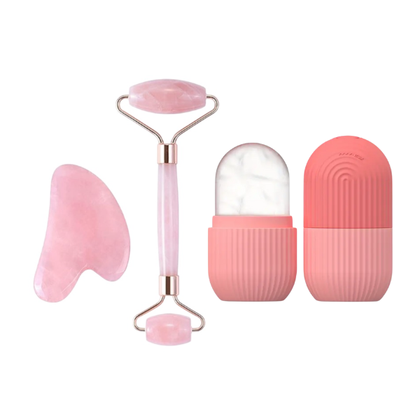 Rose Quartz Face Roller, Gua Sha &amp; Ice Facial Massager Set