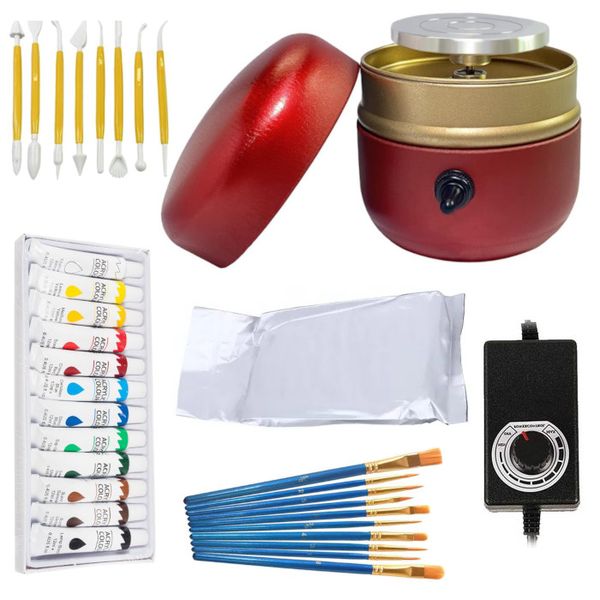 Clay Pottery Set Mini Potter's Wheel w/ Clay Acrylic Paint Paintbrushes Kit
