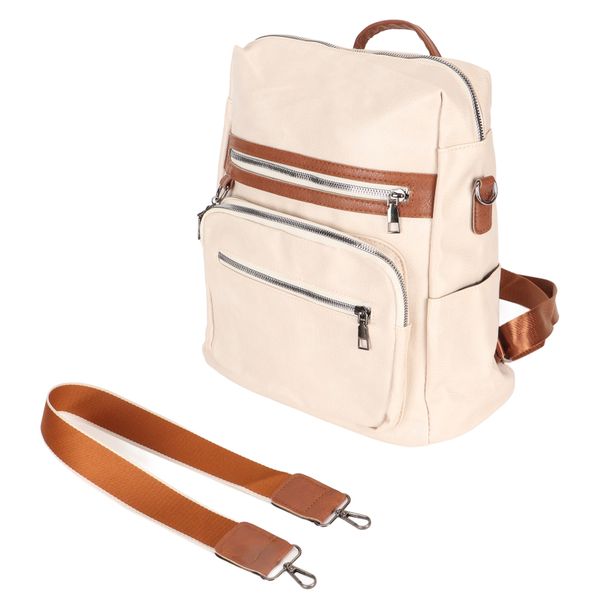 Women's Beige PU Leather Backpack, Casual Travel Shoulder Bag Purse