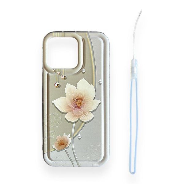 AMA Silicone Green Floral Pattern Cover With Lanyard For iPhone 14 Pro Max