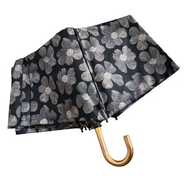 Vintage Ink Floral Long-Handle Umbrella | Black &amp; Grey Floral Rain &amp; Sun