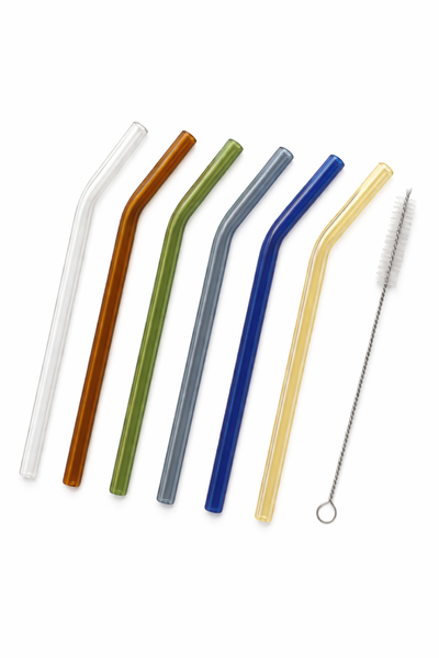6 Pack Colour Glass Straws with Cleaner Brush - Reusable Drinking Straws