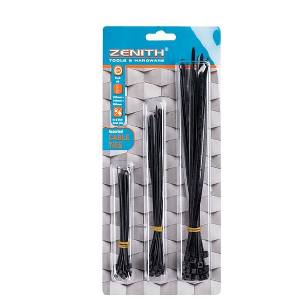 Cable Ties - Black -100mm, 150mm &amp; 200mm - 60 Piece - 3 Pack