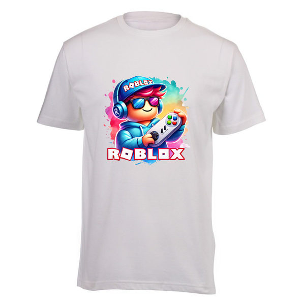 Kids White Cotton Regular Short Sleeve T-Shirt - Roblox Gamer Boy