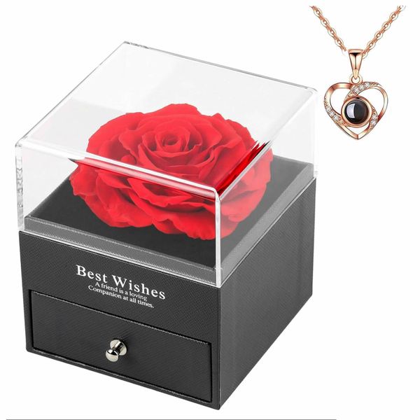Preserved Rose with Heart Necklace,Eternal Rose Gift for Women