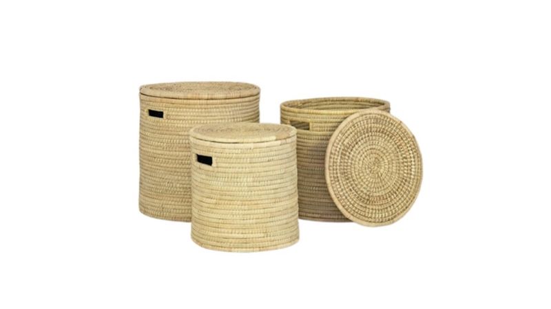 Malawi Cane Woven Round Laundry Baskets - Set of 3 - With Lids